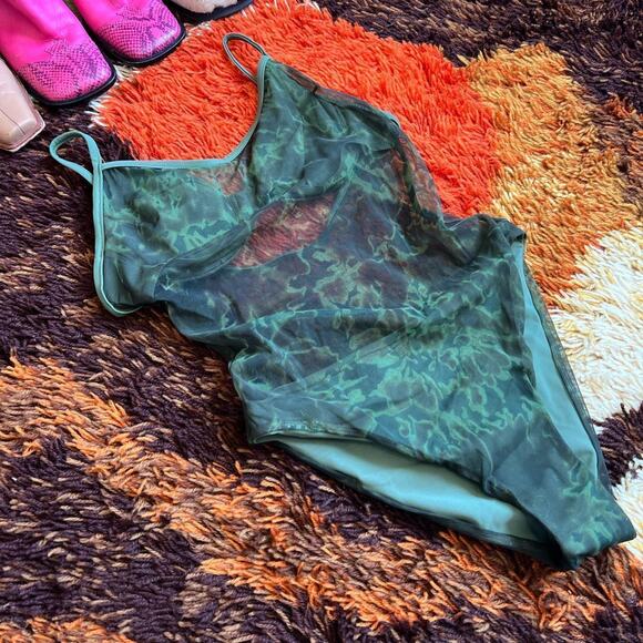 Vintage deadstock overlay mesh green one piece - Picture 2 of 7